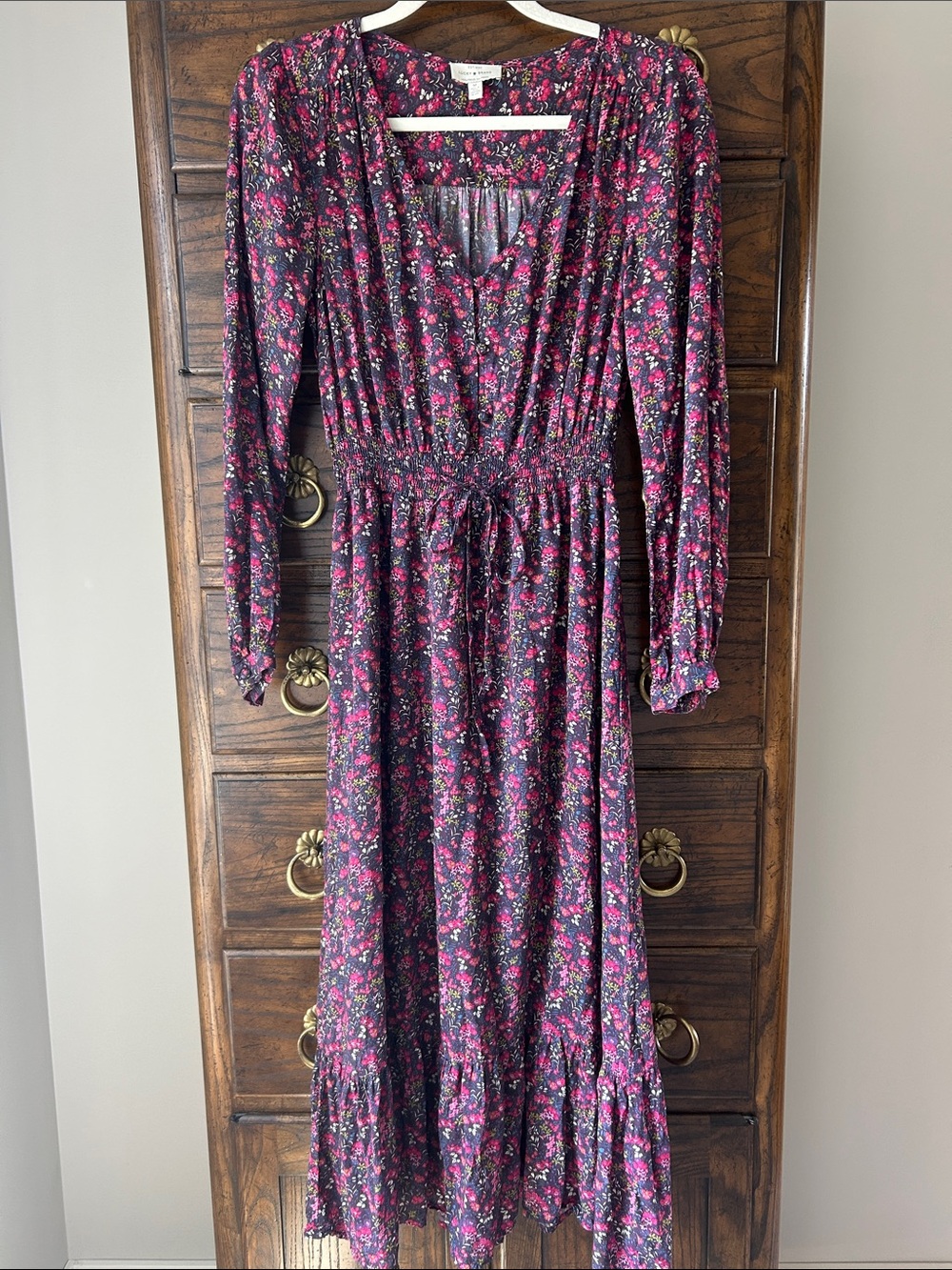 Lucky Brand Boho Long-Sleeve Floral Dress in Purple and Pink, Size M